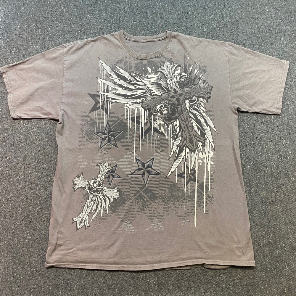 TShirt Sz XL Mens Brown Grunge Skater Winged Cross Stars Graphic Tee Mall Goth